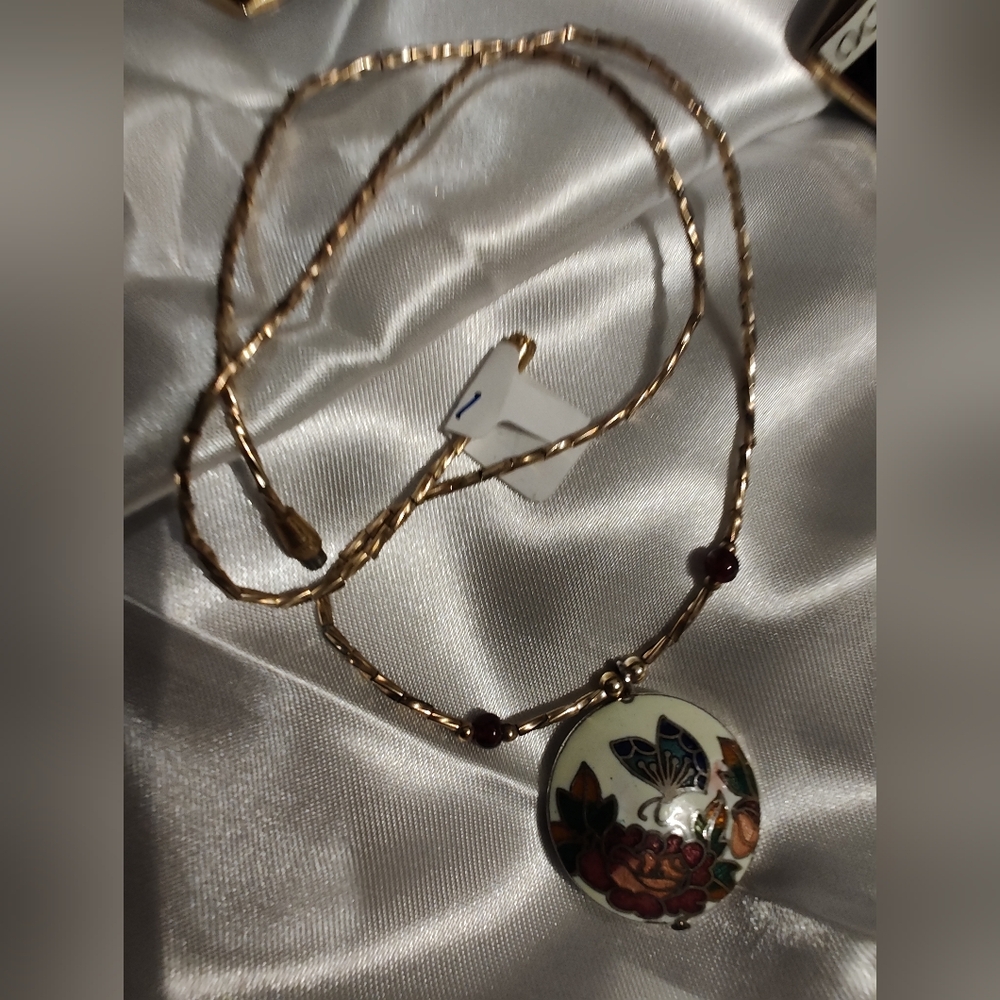 Cloisonne Floral & Butterfly Puffy Heart Pendant Necklace - Gold Tone Link Chain